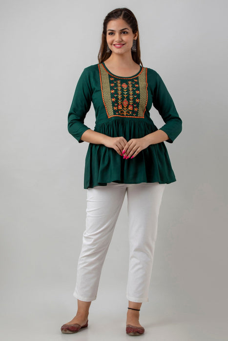 Women's Rayon embroidered Hip Length Formal Tops KRT036GREEN