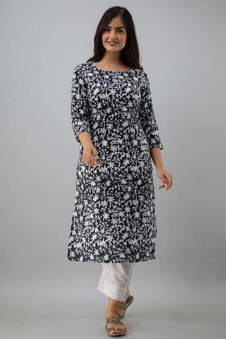 Women's Rayon Printed Calf Length Straight Kurta KR081BLACK