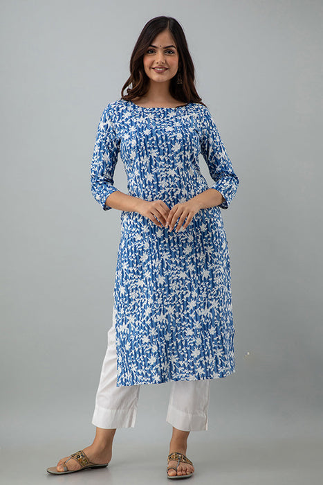 Women's Rayon Printed Calf Length Straight Kurta KR081BLUE