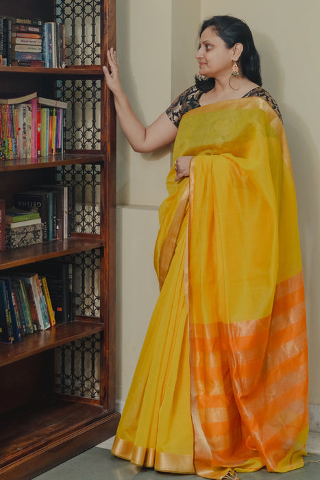 Maheshwari Cotton Silk Saree - Orange Mustard