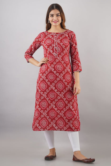 Women's 100% Pure Cotton Printed Calf Length Straight Kurta KR051RED