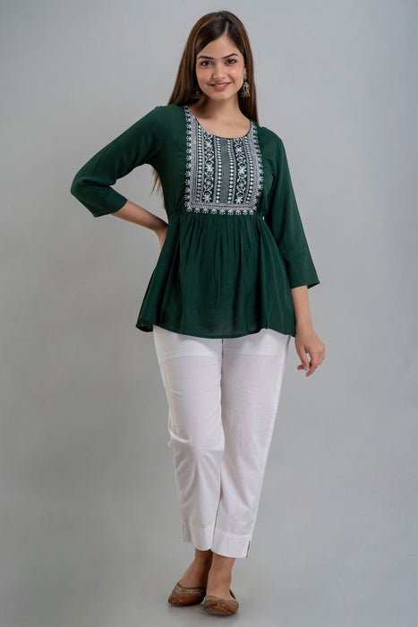 Women's Rayon embroidered Hip Length Formal Tops KRT035GREEN