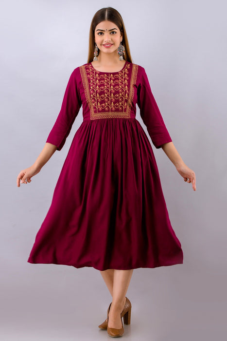 Women's Solid Dyed Rayon Designer Embroidered A-Line Kurta - KR064WINE