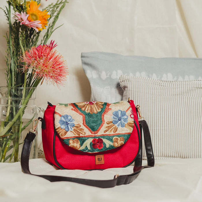 Sillica Red Chain Stitch Hand Embroidery Canvas Sling Bag