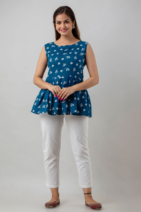 Women's Pure Cotton Printed Hip Length Formal Tops KRT041BLUE