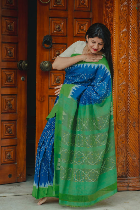 Ikkat Cotton Saree - Blue Green