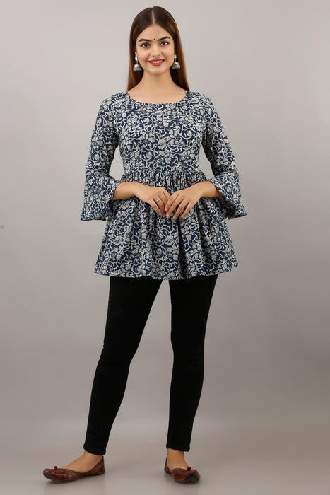 Women's Pure Cotton Printed Hip Length Formal Tops KRT001BLUE