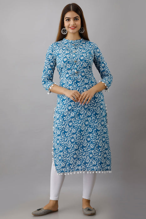 Women's Pure Cotton Printed Calf Length Straight Kurta KR049SKYBLUE