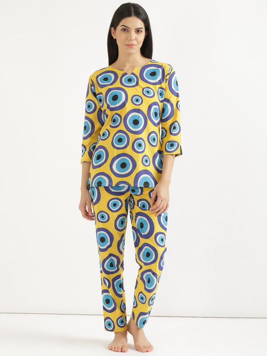 Notched Neck Yellow Evil Eye Co-ord Set-CK-YELLOWEVILEYENOTCHED