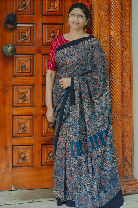 Ajrakh Saree - Blue Red