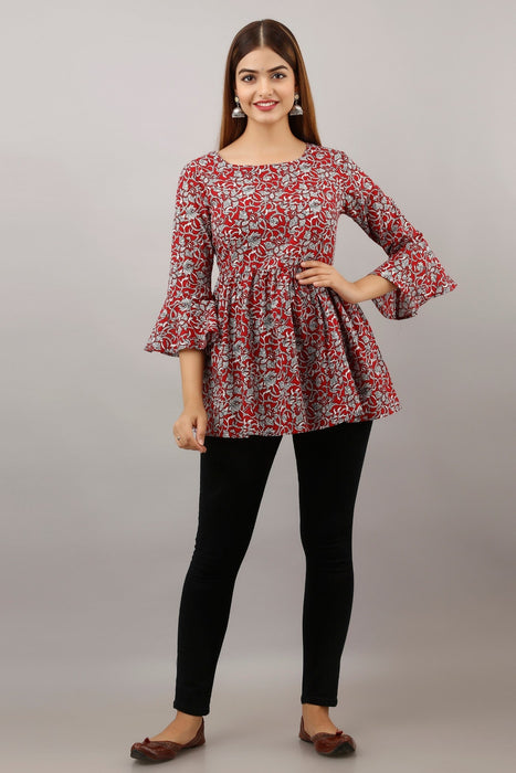 Women's Pure Cotton Printed Hip Length Formal Tops KR001RED