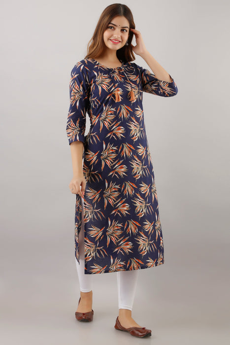 Women's 100% Pure Cotton Printed Calf Length Straight Kurta KR084BLUE