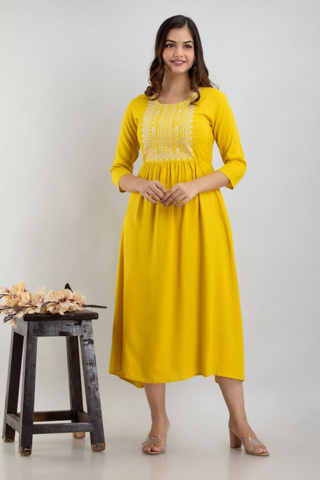 Women's Solid Dyed Rayon Designer Embroidered A-Line Kurta - KR0105MUSTARD