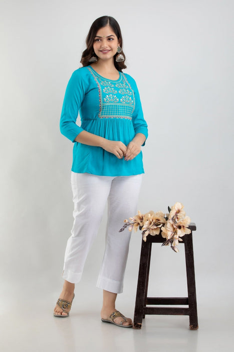 Women's Rayon embroidered Hip Length Formal Tops KRT021TURQUOISE