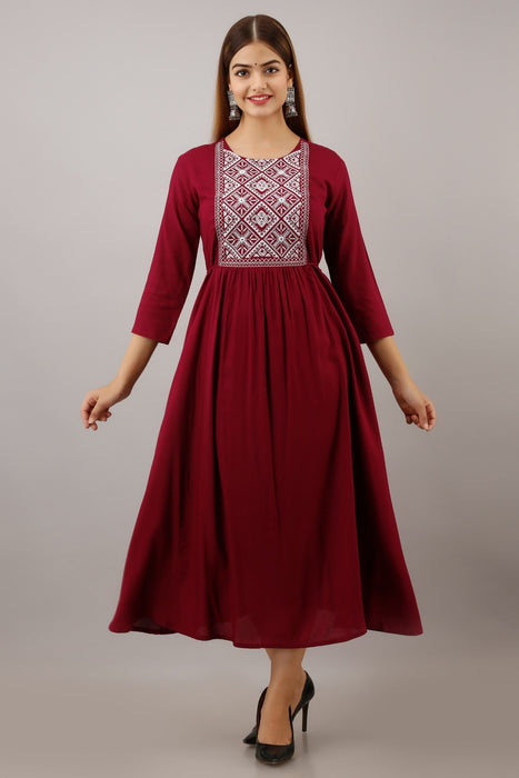 Women's Solid Dyed Rayon Designer Embroidered A-Line Kurta - KR047MAROON