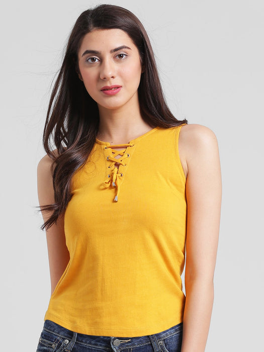 Mustard Yellow Sleeveless Top with Tie-Up Neck Fastening