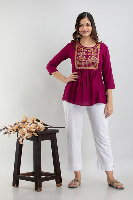 Women's Rayon embroidered Hip Length Formal Tops KRT021WINE