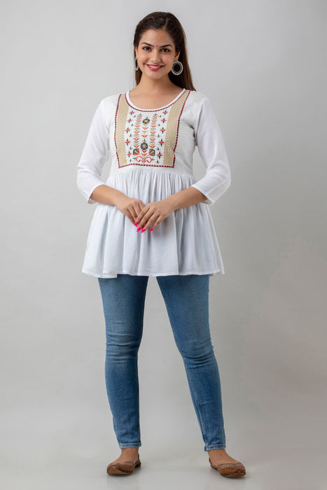 Women's Rayon embroidered Hip Length Formal Tops KRT036WHITE