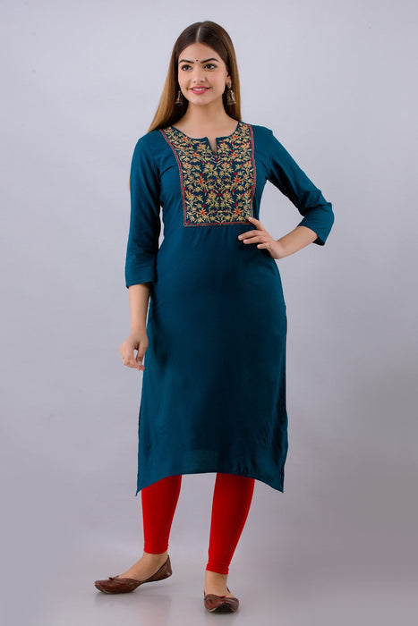 Women's Rayon Printed Calf Length Straight Kurta KR062BLUE