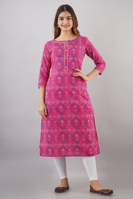 Women's 100% Pure Cotton Printed Calf Length Straight Kurta KR051PINK