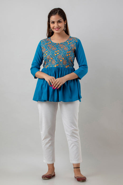 Women's Rayon embroidered Hip Length Formal Tops KRT037BLUE