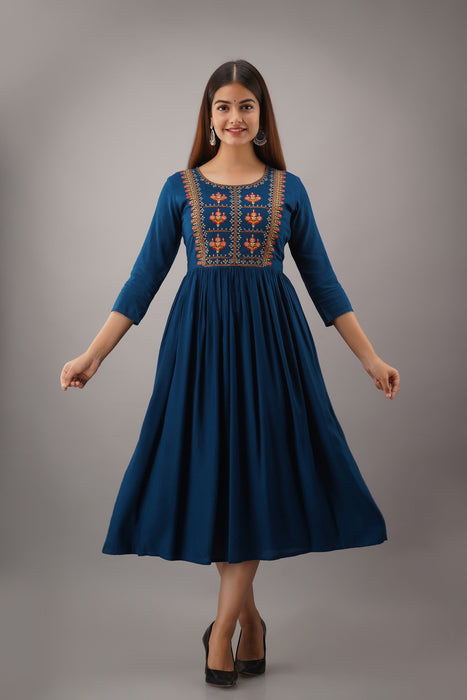 Women's Solid Dyed Rayon Designer Embroidered A-Line Kurta - KR020BLUE