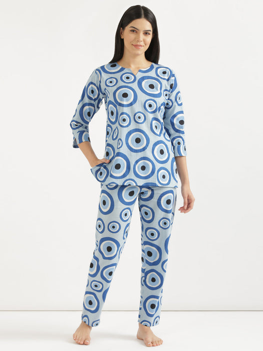 Notched Neck Blue Evil Eye Co-ord Set-CK-BLUEEVILEYENOTCHED