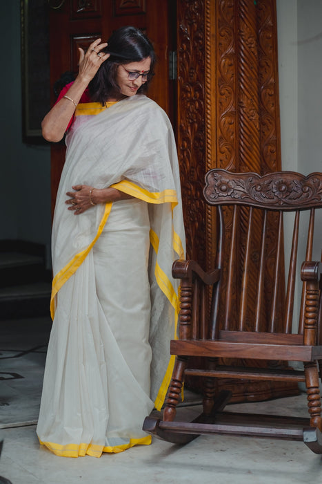 Chanderi Silk Saree - White Yellow