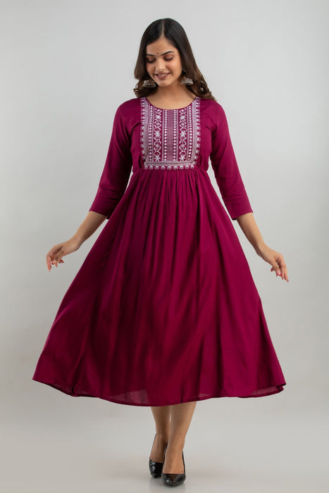 Women's Solid Dyed Rayon Designer Embroidered A-Line Kurta - KR0105WINE