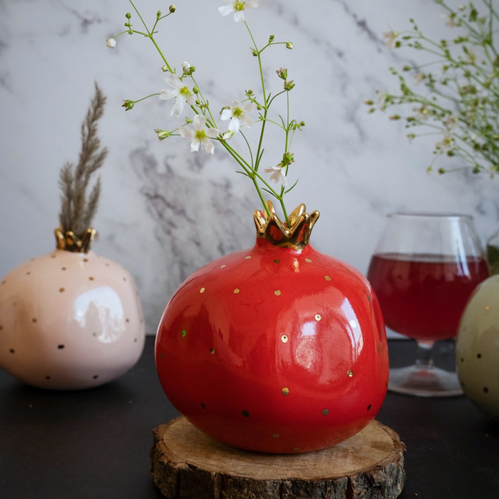 Ceramic Pomegranate Showpiece with Gold Plated Crown, 4 inch (Ravishing Red)