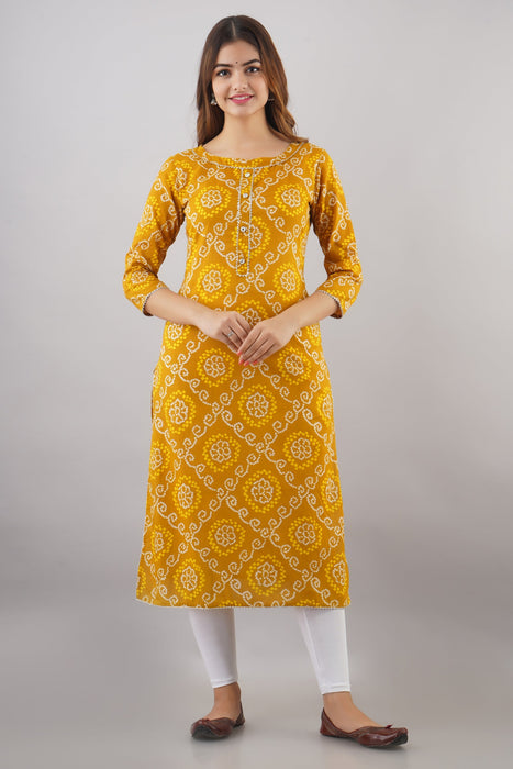 Women's 100% Pure Cotton Printed Calf Length Straight Kurta KR051YELLOW