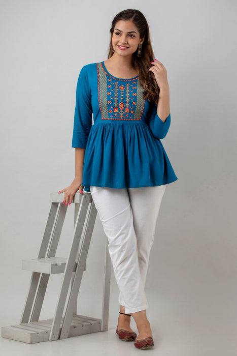 Women's Rayon embroidered Hip Length Formal Tops KRT036BLUE