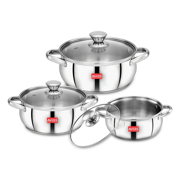 Inox Ib 6Pcs Cookpot Set | Sandwich Bottom | Robust And Highly Durable | Induction Friendly | Riveted Handles | 3 Pieces Of Cookpot + Glass Lid