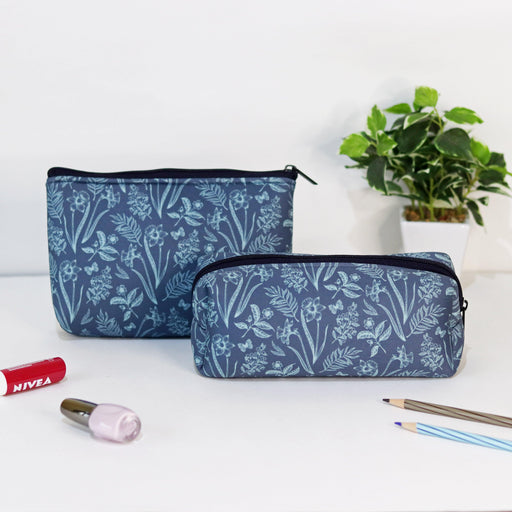 Navy Blue Floral Cosmetic Pouches - Set of 2 - Strokes by Namrata Mehta