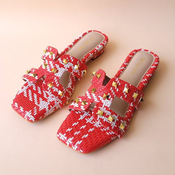 Red Chatai Studs Slip On Flats