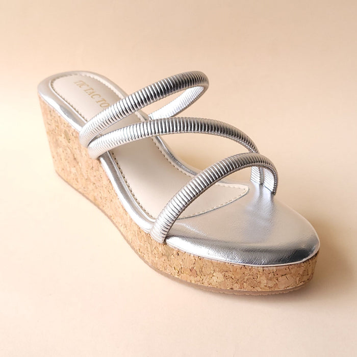 Silver Metallic Cross Strap Wedge