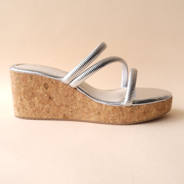 Silver Metallic Cross Strap Wedge