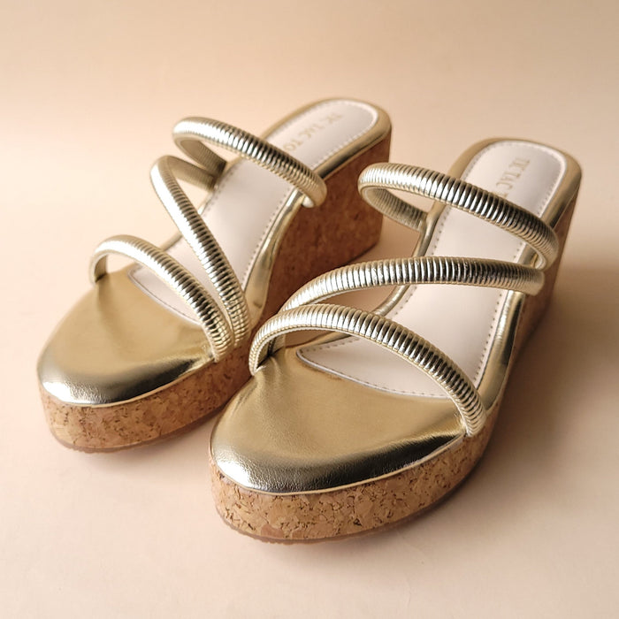 Gold Metallic Cross Strap Wedge