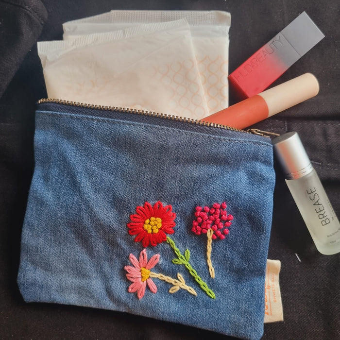 Upcycled Denim Tote Pouch with Hand Embroidery (single)