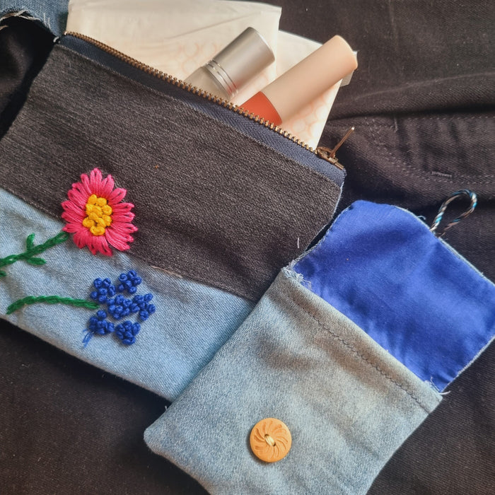 Upcycled Denim Pouch Combo | Set of 2 | Hand Embroidered