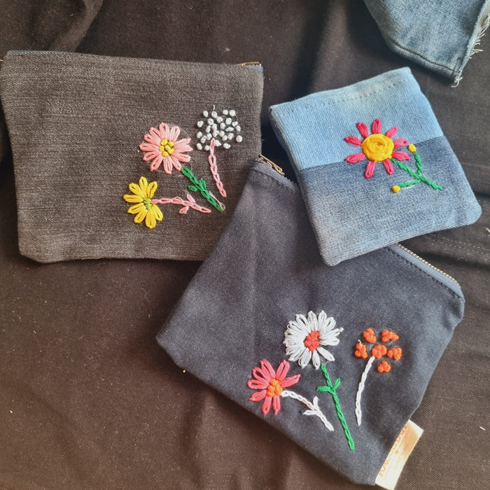 Upcycled Denim Pocket and Tote Combo | Hand Embroidered Set of 3