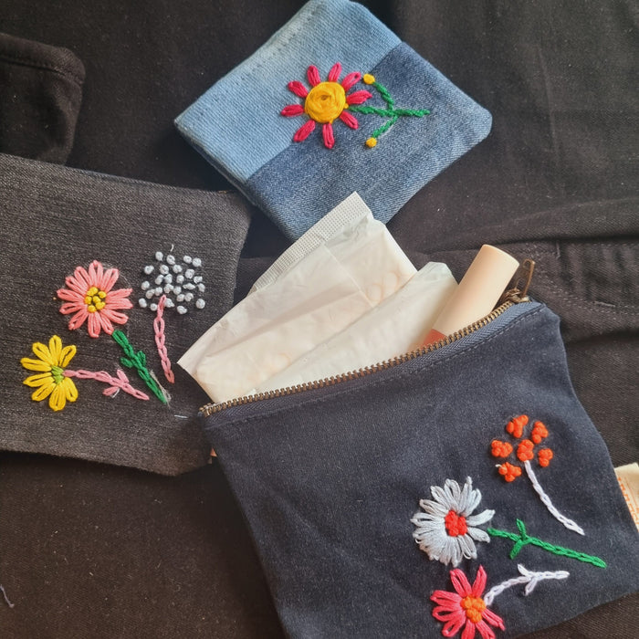 Upcycled Denim Pocket and Tote Combo | Hand Embroidered Set of 3