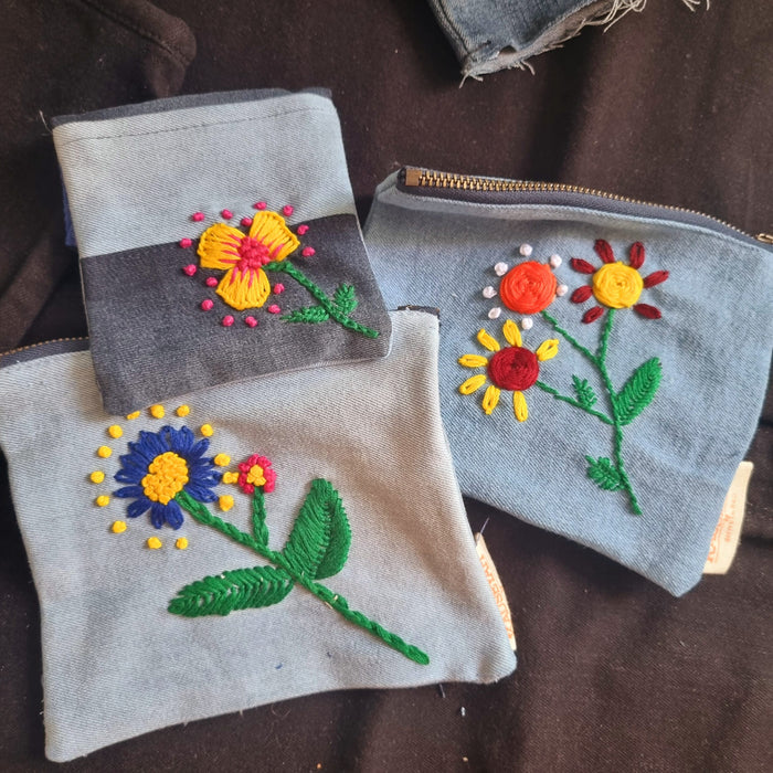 Upcycled Denim Pocket | Hand Embroidered Set of 3