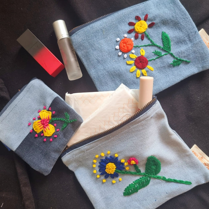 Upcycled Denim Pocket | Hand Embroidered Set of 3