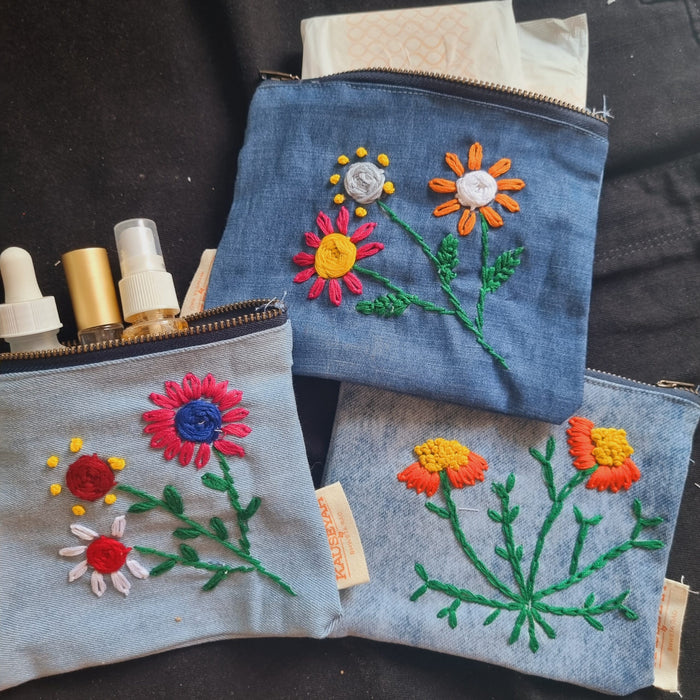 Upcycled Denim Pocket and Tote Combo | Hand Embroidered Set of 3