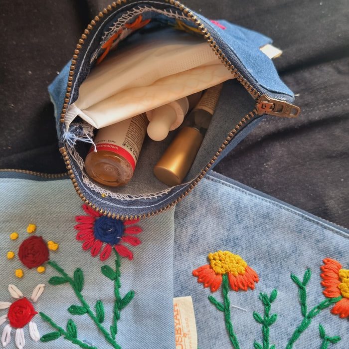 Upcycled Denim Pocket and Tote Combo | Hand Embroidered Set of 3