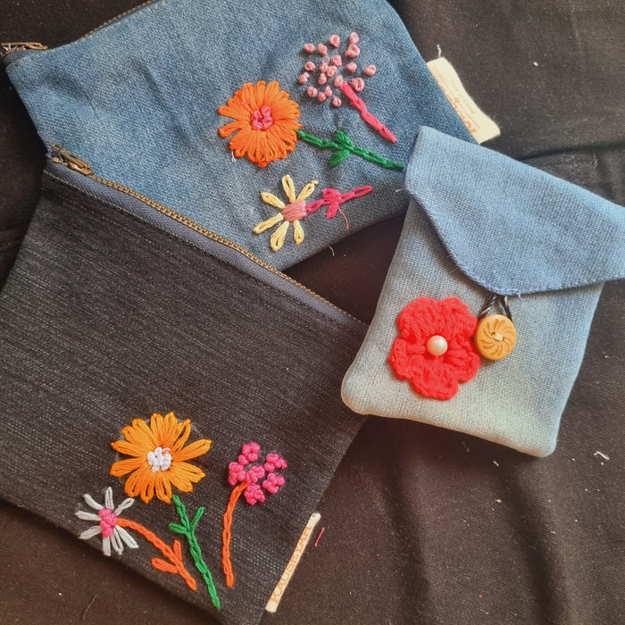 Upcycled Denim Pocket and Tote Combo | Hand Embroidered Set of 3