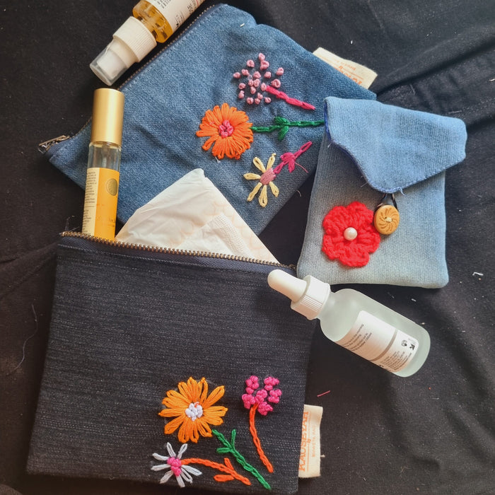 Upcycled Denim Pocket and Tote Combo | Hand Embroidered Set of 3