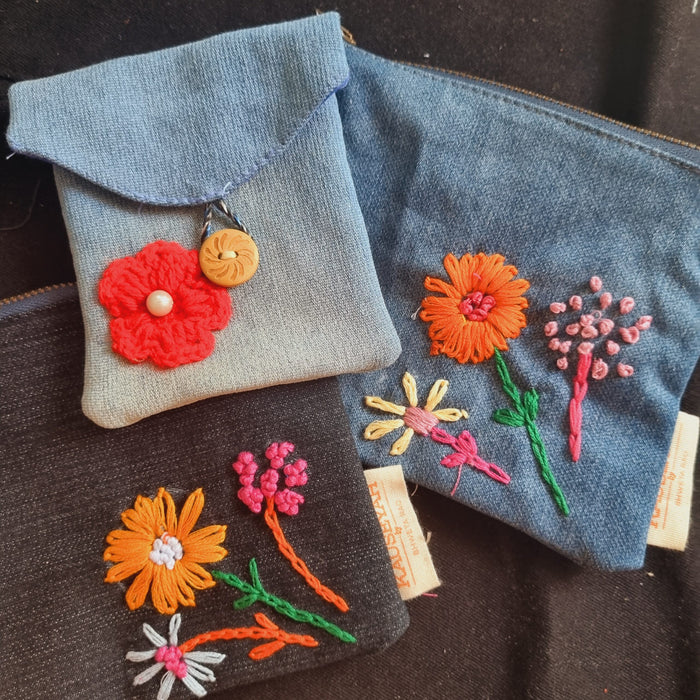 Upcycled Denim Pocket and Tote Combo | Hand Embroidered Set of 3