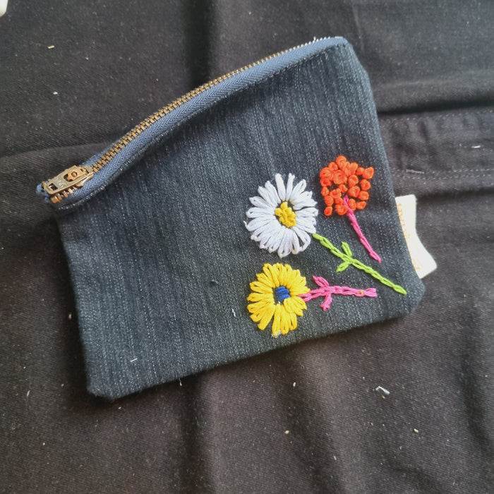 Upcycled Denim Tote Pouch with Hand Embroidery (single)